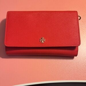 Tory Burch Red Clutch with Gold Logo